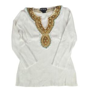 Vintage XL Berek White Ribbed Sweater Turquoise Gold Tone Beaded Mesh Embellish